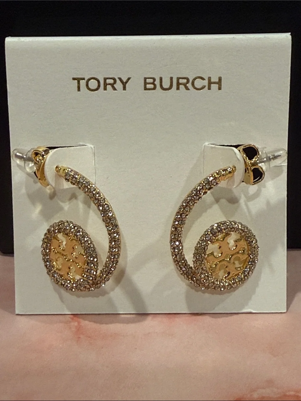 Tory Burch | Gold Plated & Pave Crystal Spiral Logo Drop Earrings | Medium